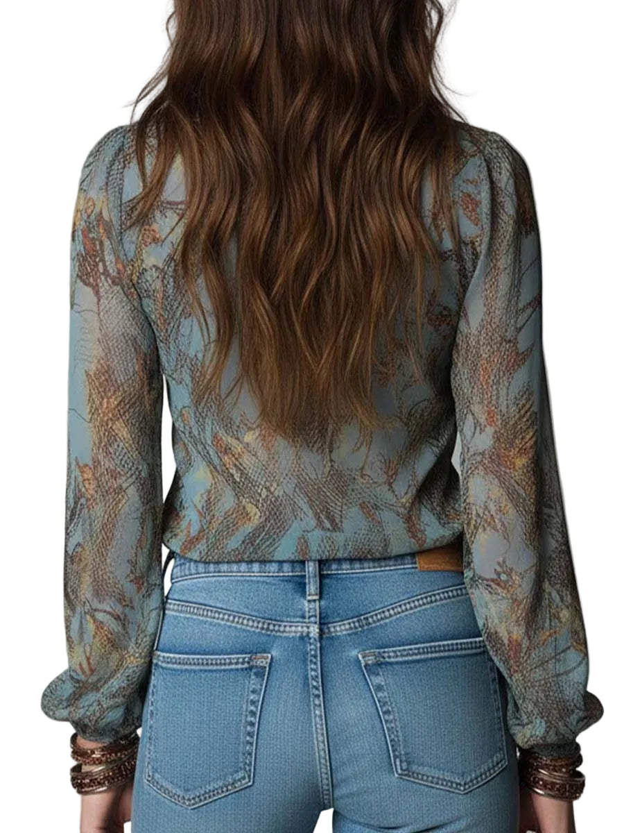 Printed Ruffled Zip-Front Chiffon Blouse – Mist Blue Snake Floral