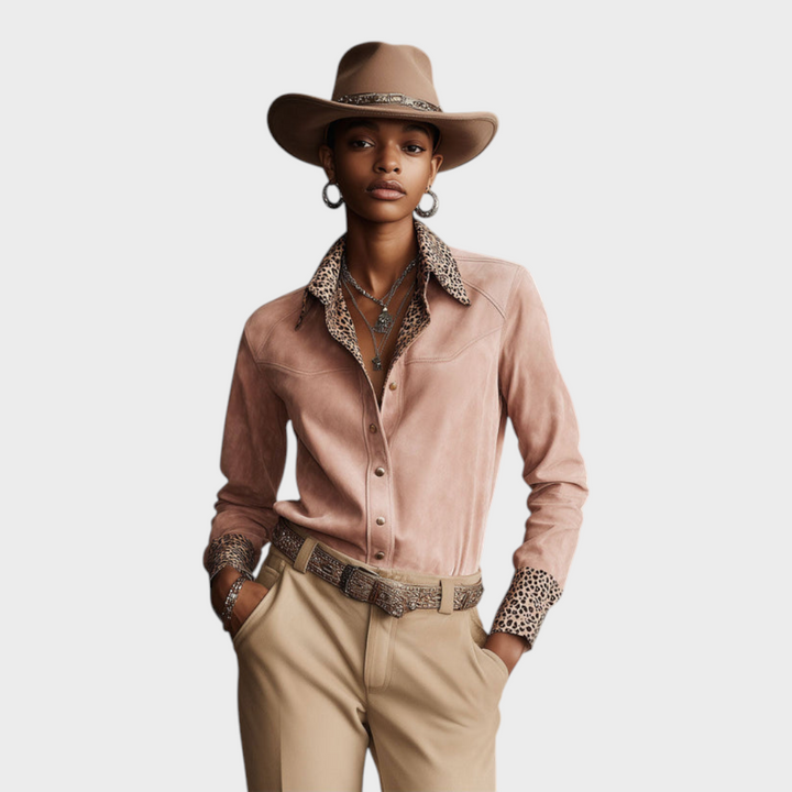 Macey | Western Retro Leopard Print Pink Faux Suede Long-Sleeve Shirt