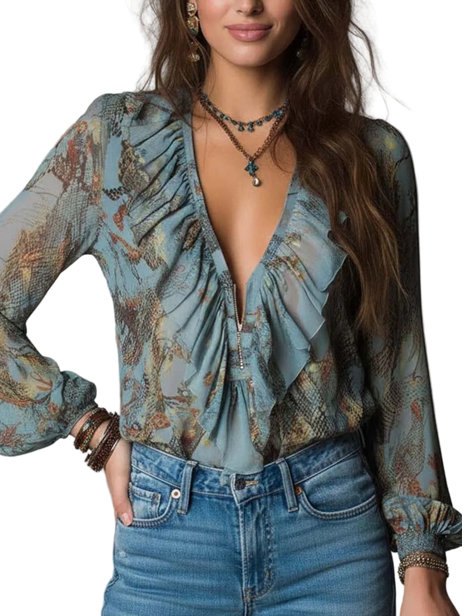 Printed Ruffled Zip-Front Chiffon Blouse – Mist Blue Snake Floral