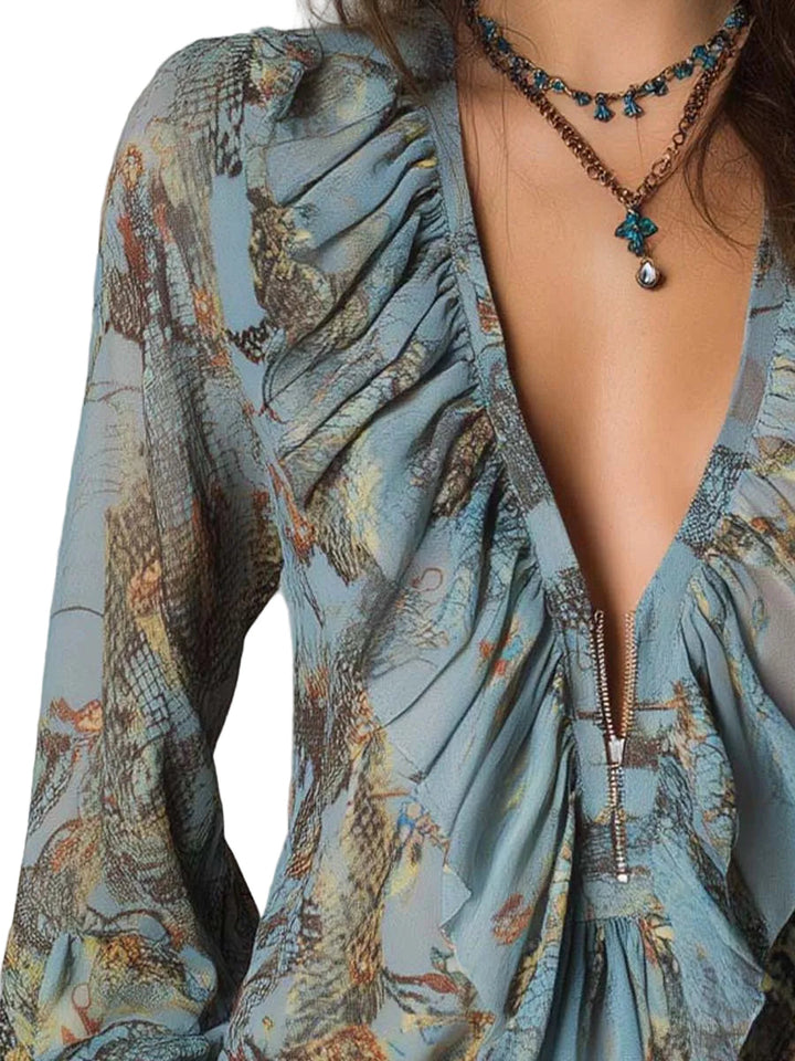 Printed Ruffled Zip-Front Chiffon Blouse – Mist Blue Snake Floral