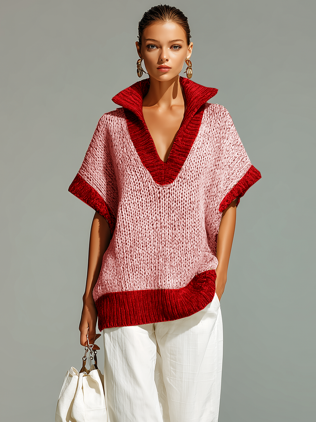 Fiona | Fashion Casual Beige Stand-Collar Colorblock Loose Sleeveless Knit Vest