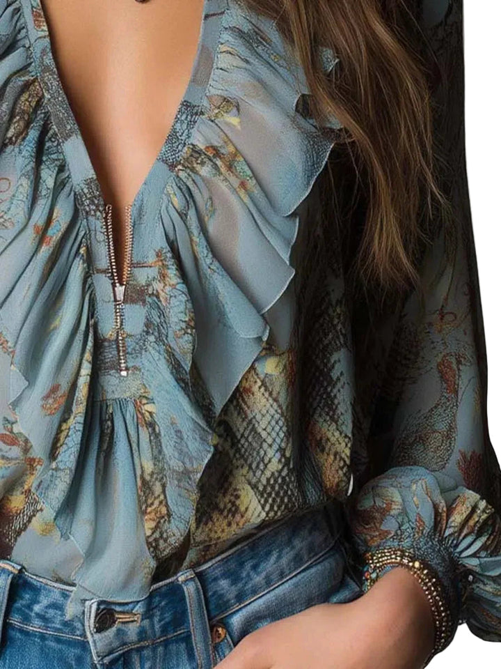 Printed Ruffled Zip-Front Chiffon Blouse – Mist Blue Snake Floral