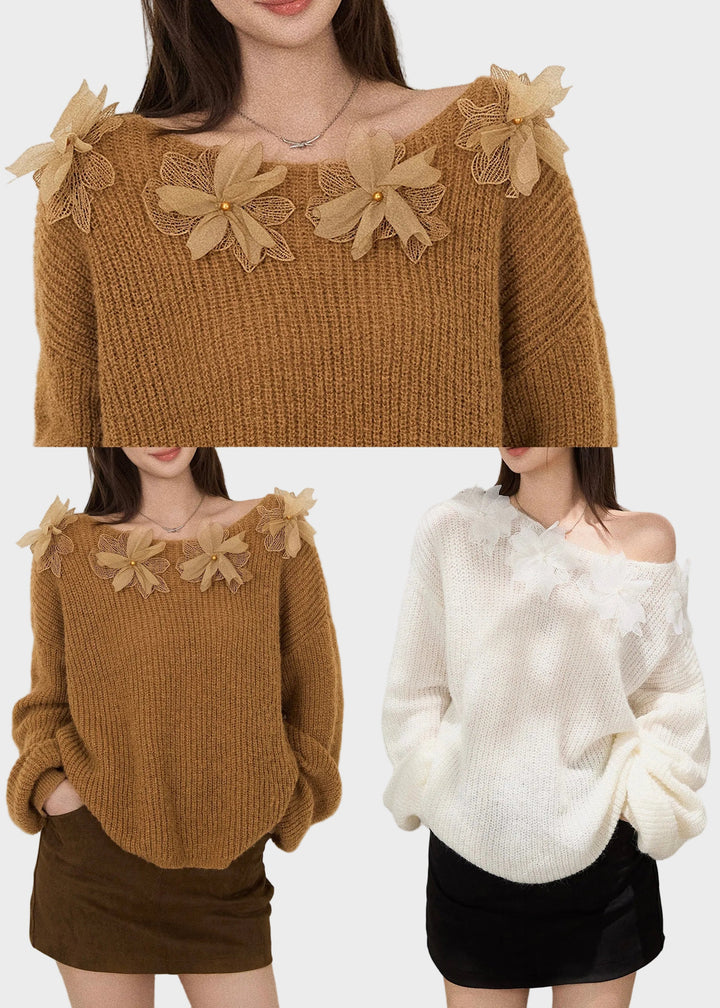 Mercedes | Boho White Oversized Floral Decorated Knit TopS Fall