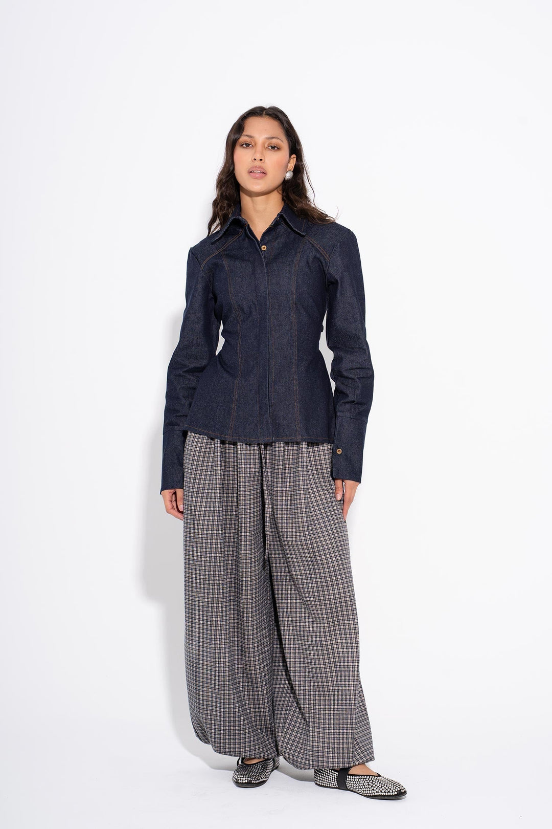 MILA -Fitted Denim Shirt - Navy