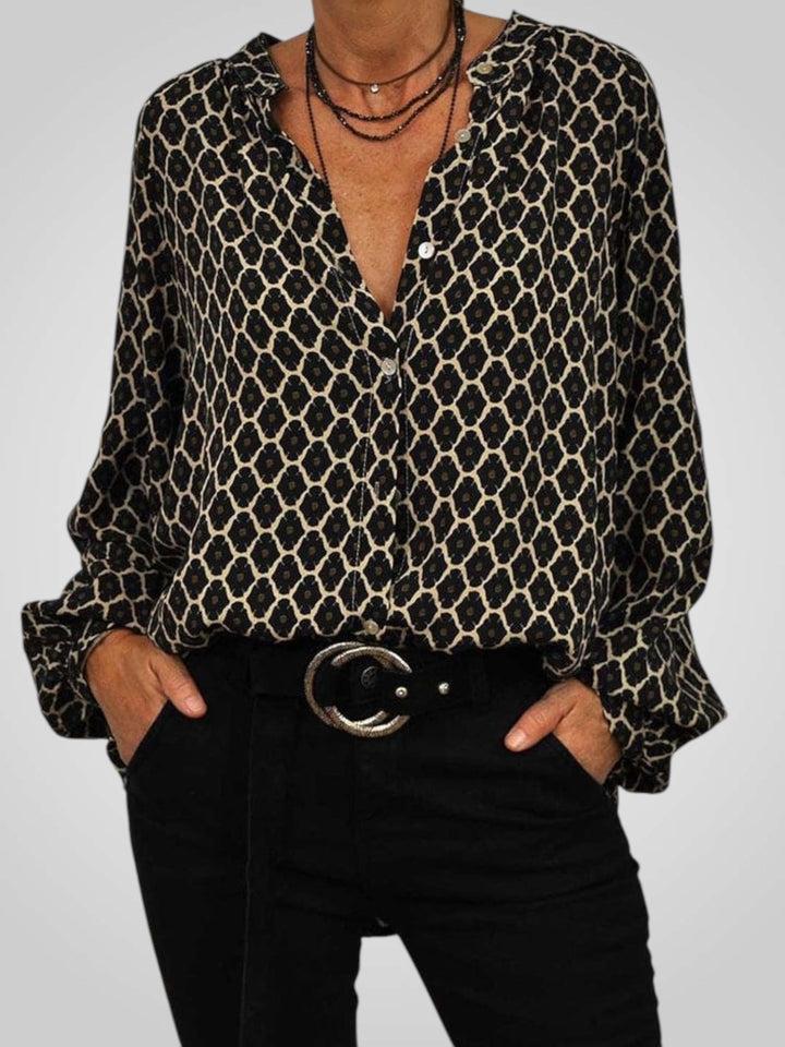 Nela | Elegant V-neck Blouse with Geometric Pattern