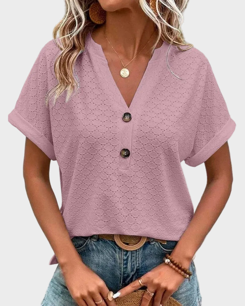 Women's Blouse - Light and Breathable - V-neck - Short Rolled Sleeves - Relaxed Fit