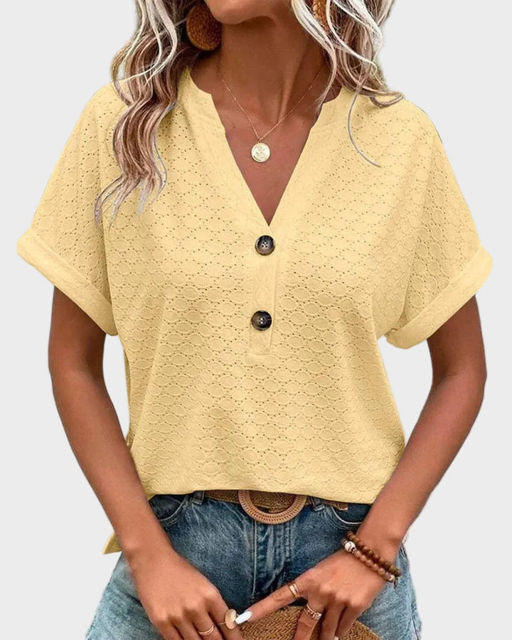 Women's Blouse - Light and Breathable - V-neck - Short Rolled Sleeves - Relaxed Fit