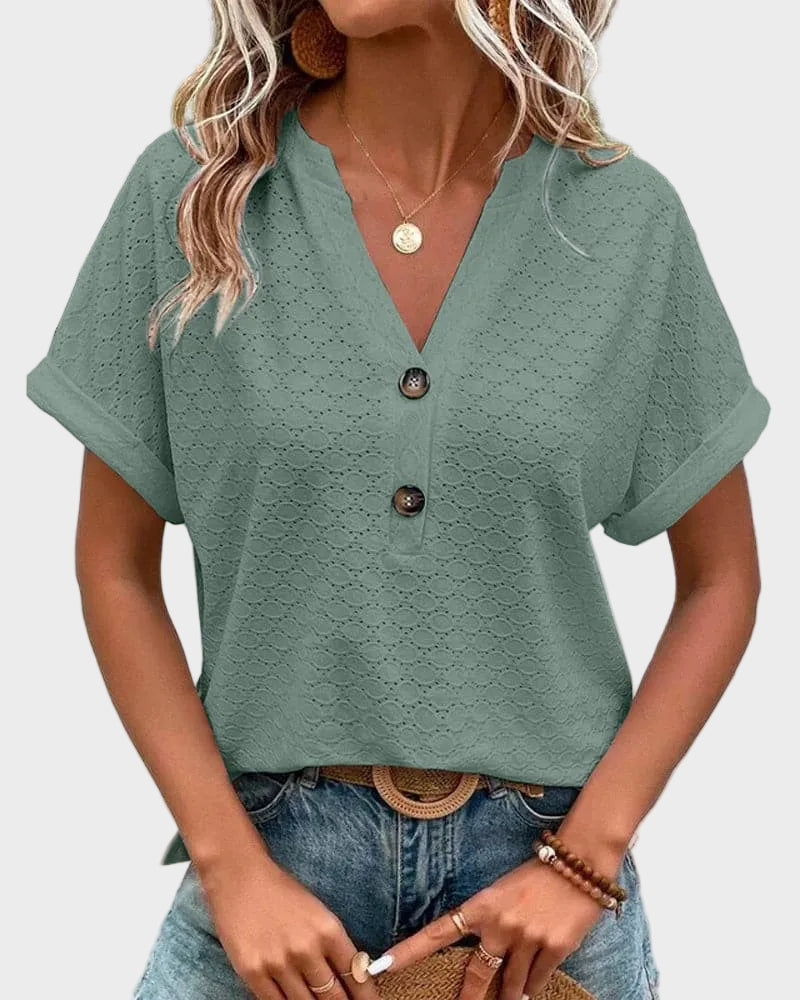 Women's Blouse - Light and Breathable - V-neck - Short Rolled Sleeves - Relaxed Fit