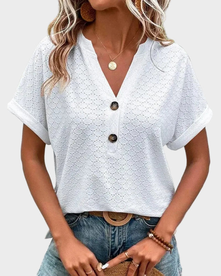 Women's Blouse - Light and Breathable - V-neck - Short Rolled Sleeves - Relaxed Fit