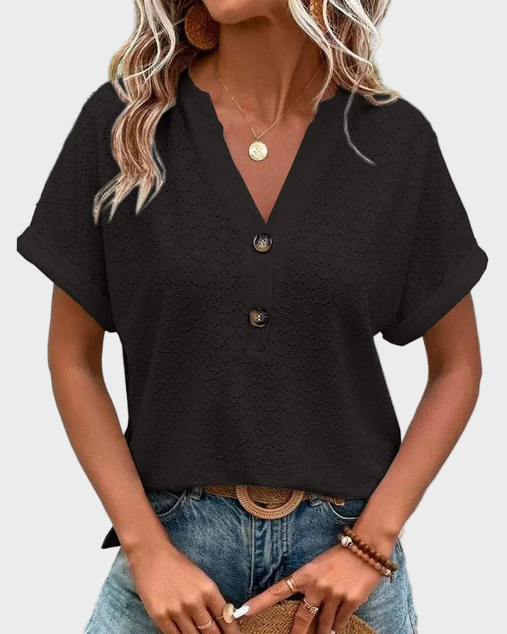 Women's Blouse - Light and Breathable - V-neck - Short Rolled Sleeves - Relaxed Fit