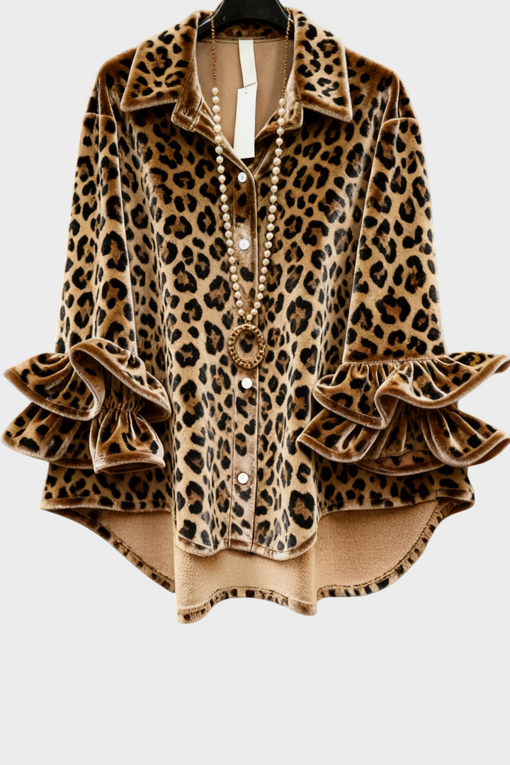 Hella | Retro leopard blouse with velvet ruffles