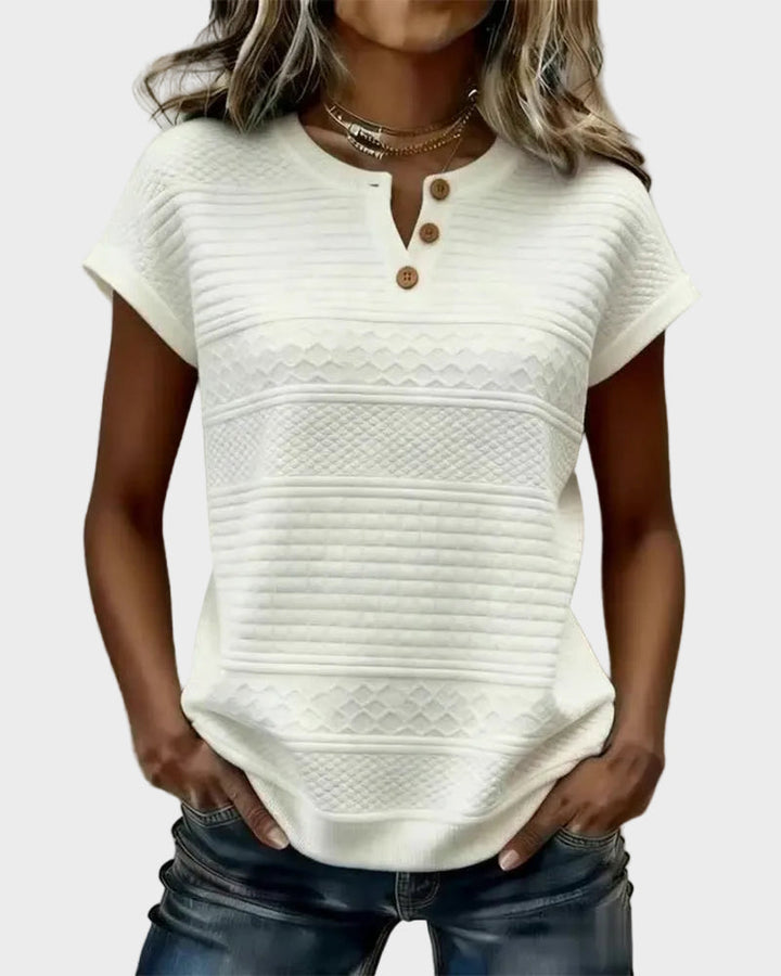 Vanilla | Short Sleeve V-Neck Buttoned T-Shirt with Cable Pattern