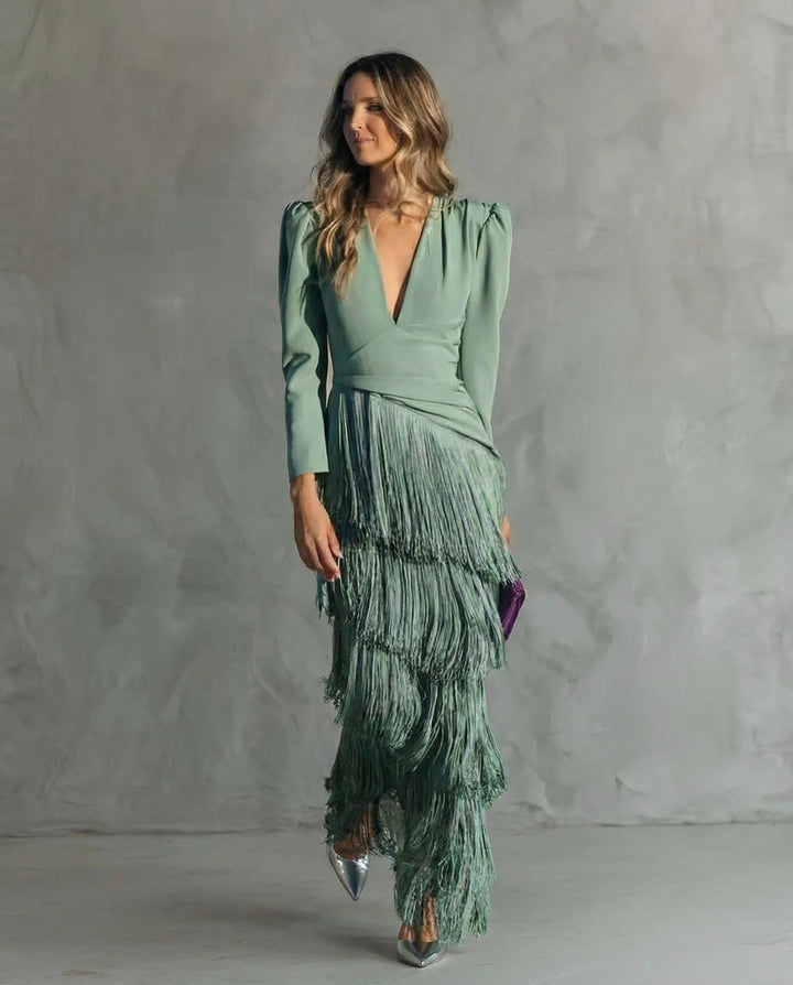 Lynda | Elegant Dress with Fringe Sleeves