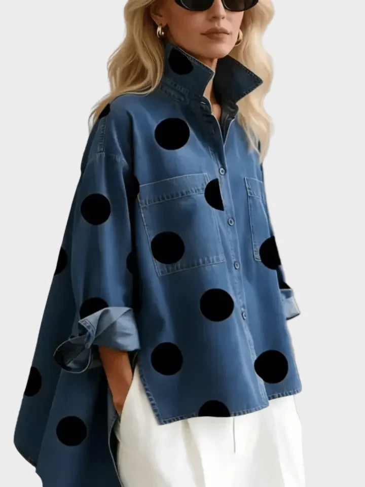 Pollie | Elegant Artistic Polka Dot Print Stand-collar Denim Top