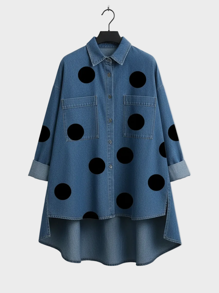 Pollie | Elegant Artistic Polka Dot Print Stand-collar Denim Top