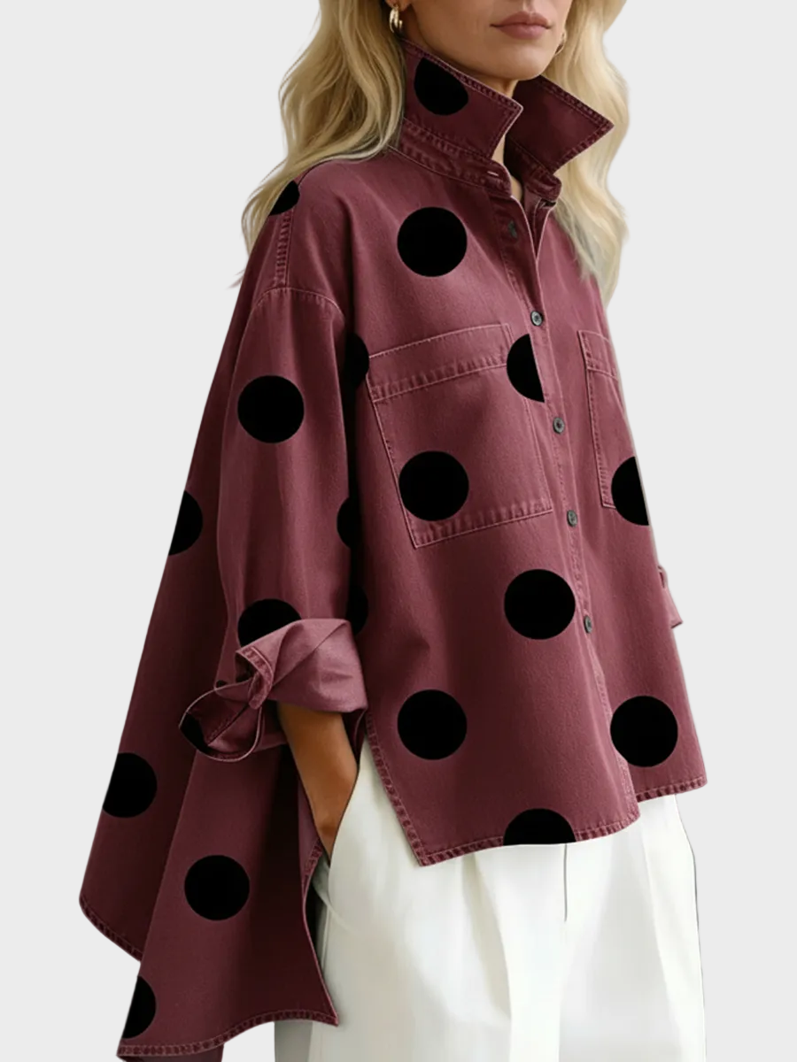 Pollie | Elegant Artistic Polka Dot Print Stand-collar Denim Top