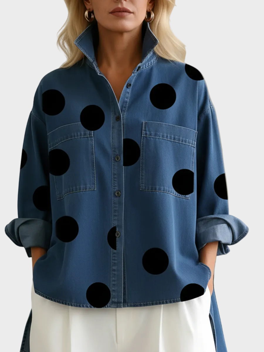Pollie | Elegant Artistic Polka Dot Print Stand-collar Denim Top